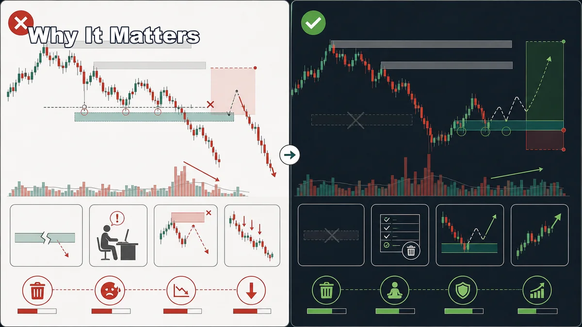 SNR Level Invalidation: When a Zone Is No Longer Valid Illustrative diagram showing why SNR invalidation matters before a trade with stale zone versus fresh valid zone comparison
