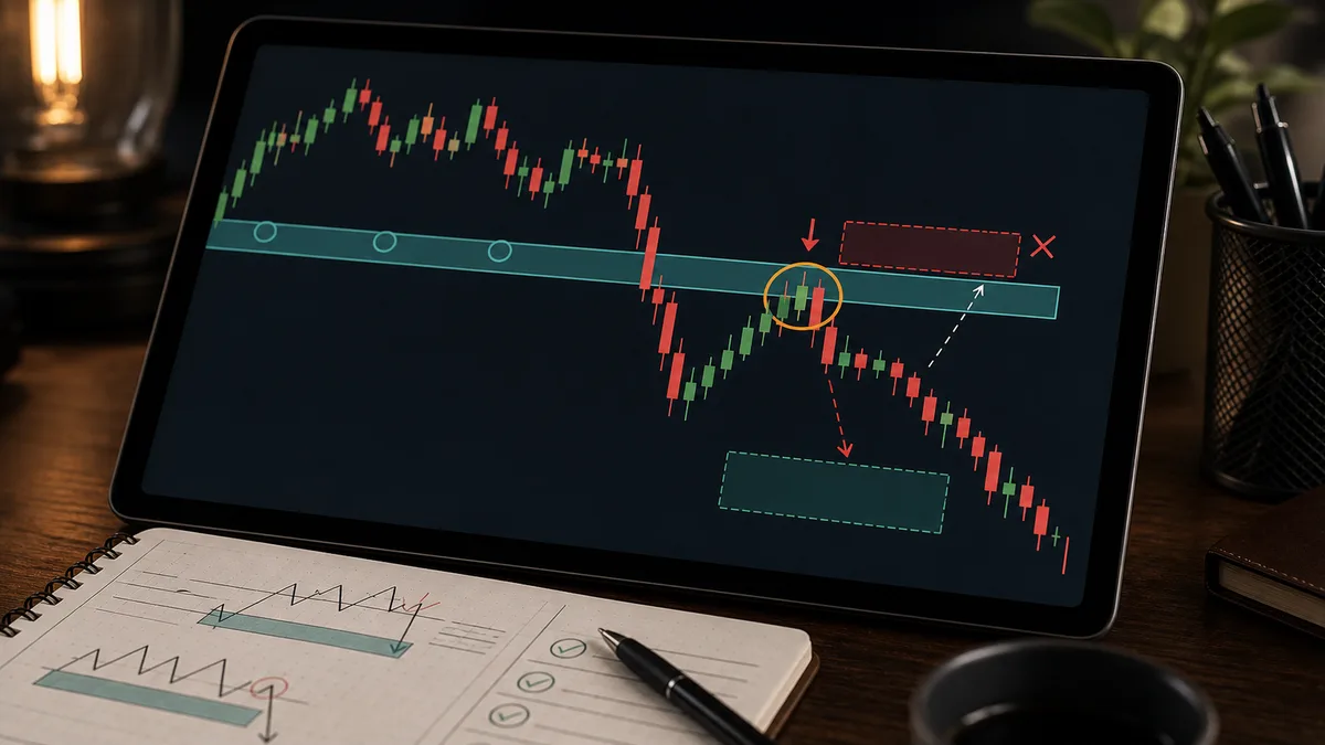 Support Becomes Resistance: MSNR Role Reversal Support becomes resistance short setup with retest entry, invalidation above the zone and stop-loss risk box
