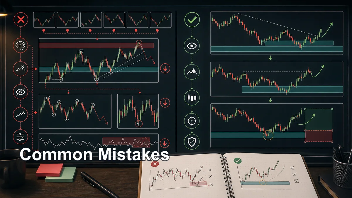 Top-Down Analysis in Trading: Step-by-Step Method Common mistakes in top-down analysis with too many timeframes, ignored higher timeframe levels, forced lower timeframe entries, late breakouts, and unclear invalidation