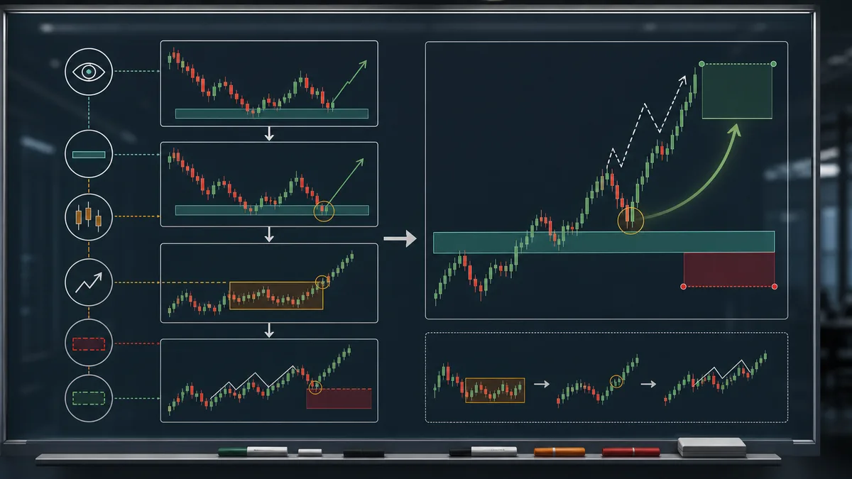 Top-Down Analysis in Trading: Step-by-Step Method Confirmation rules for top-down analysis with higher timeframe bias, key level, lower timeframe reaction, structure shift, invalidation, and target space