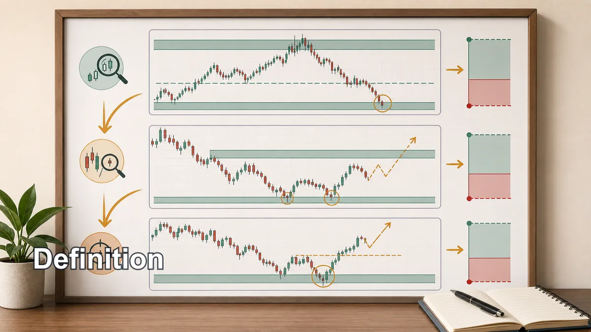 Top-Down Analysis in Trading: Step-by-Step Method Definition of top-down analysis in trading with higher timeframe context, middle timeframe setup, and lower timeframe execution charts