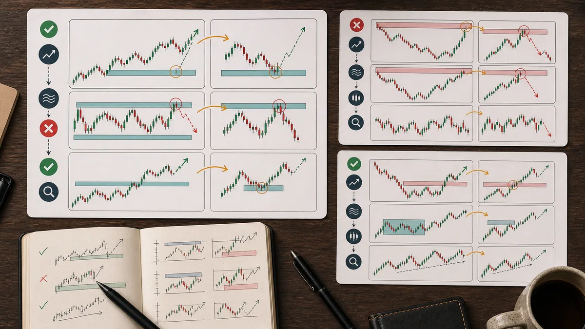 Top-Down Analysis in Trading: Step-by-Step Method Examples of top-down analysis showing daily trend, four-hour pullback, one-hour confirmation, breakout retest, range edge reaction, and skipped trade