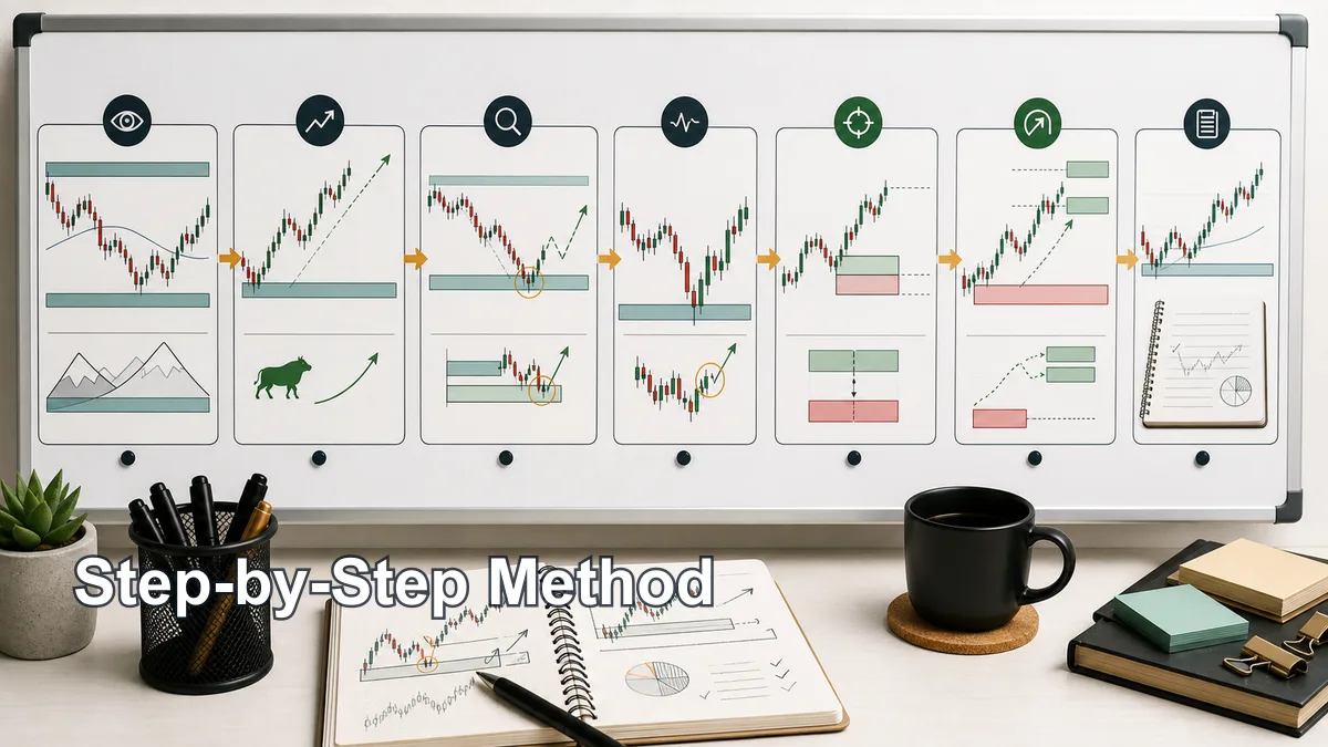 Top-Down Analysis in Trading: Step-by-Step Method Step-by-step top-down analysis method from higher timeframe bias to key levels, setup timeframe, lower timeframe confirmation, entry, invalidation, target, and review