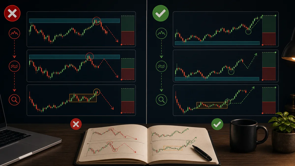 Top-Down Analysis in Trading: Step-by-Step Method Why top-down analysis works with higher timeframe levels, lower timeframe trigger, trend alignment, obstacle filtering, and risk planning
