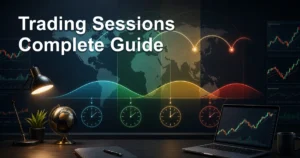 Trading Sessions complete guide thumbnail with global forex session clocks, candlestick charts, and session overlap timing