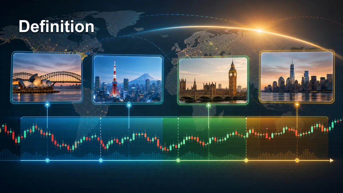 Trading Sessions: Complete Guide for Forex Traders Definition of trading sessions with Sydney Tokyo London and New York market windows around a global forex timeline