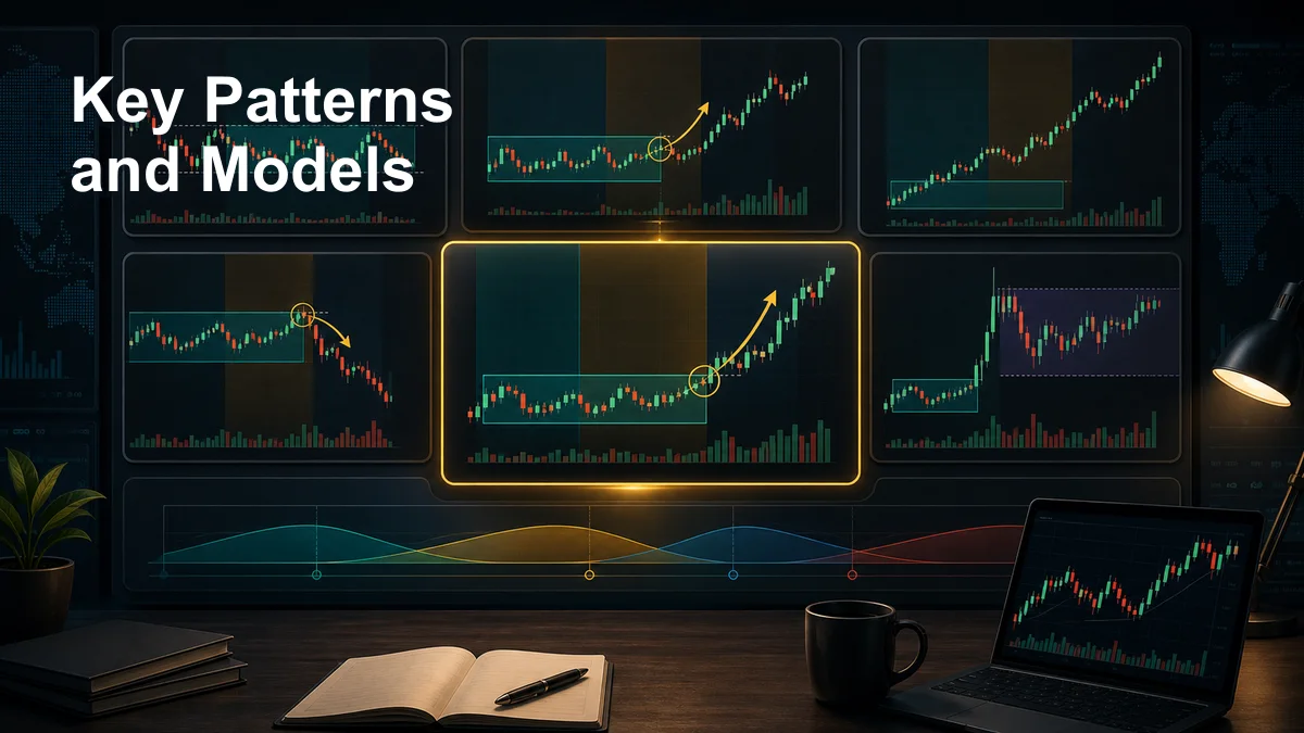 Trading Sessions: Complete Guide for Forex Traders Key trading session patterns and models showing Asia range London breakout New York overlap and session reversal setups