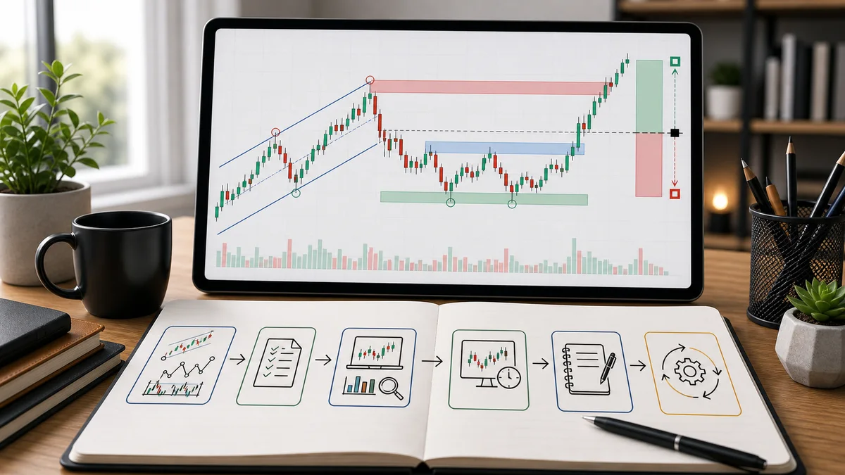 Trading Theories: Complete Guide to Technical Analysis Frameworks A beginner workflow for studying trading theories with charts, framework comparison, journal notes, backtesting symbols, and risk planning