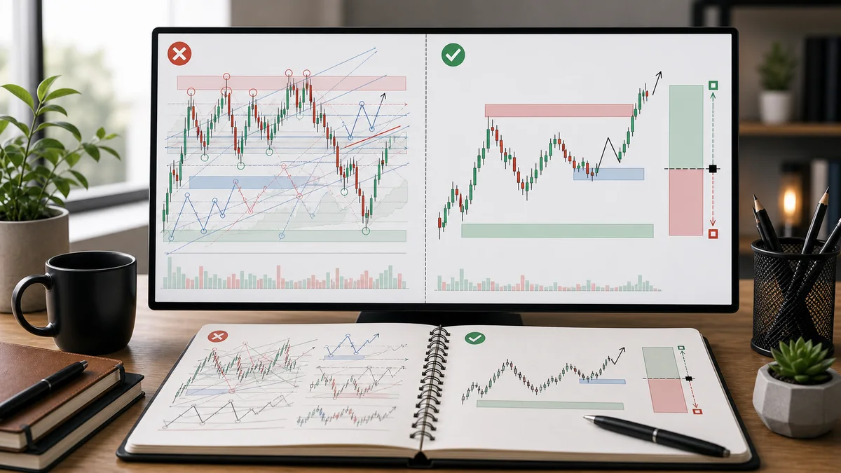 Trading Theories: Complete Guide to Technical Analysis Frameworks A cluttered technical analysis chart compared with a clean framework-based chart to show common mistakes when learning trading theories