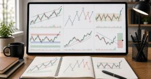 A clean trading desk with multiple technical analysis frameworks including trend structure, Elliott Wave, Wyckoff phases, and risk planning on charts