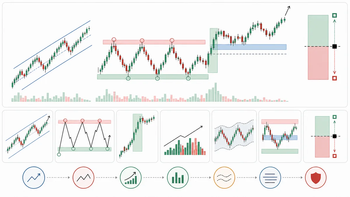 Trading Theories: Complete Guide to Technical Analysis Frameworks A technical analysis chart showing core trading theory concepts such as trend, cycle, momentum, volume, volatility, support, resistance, and risk