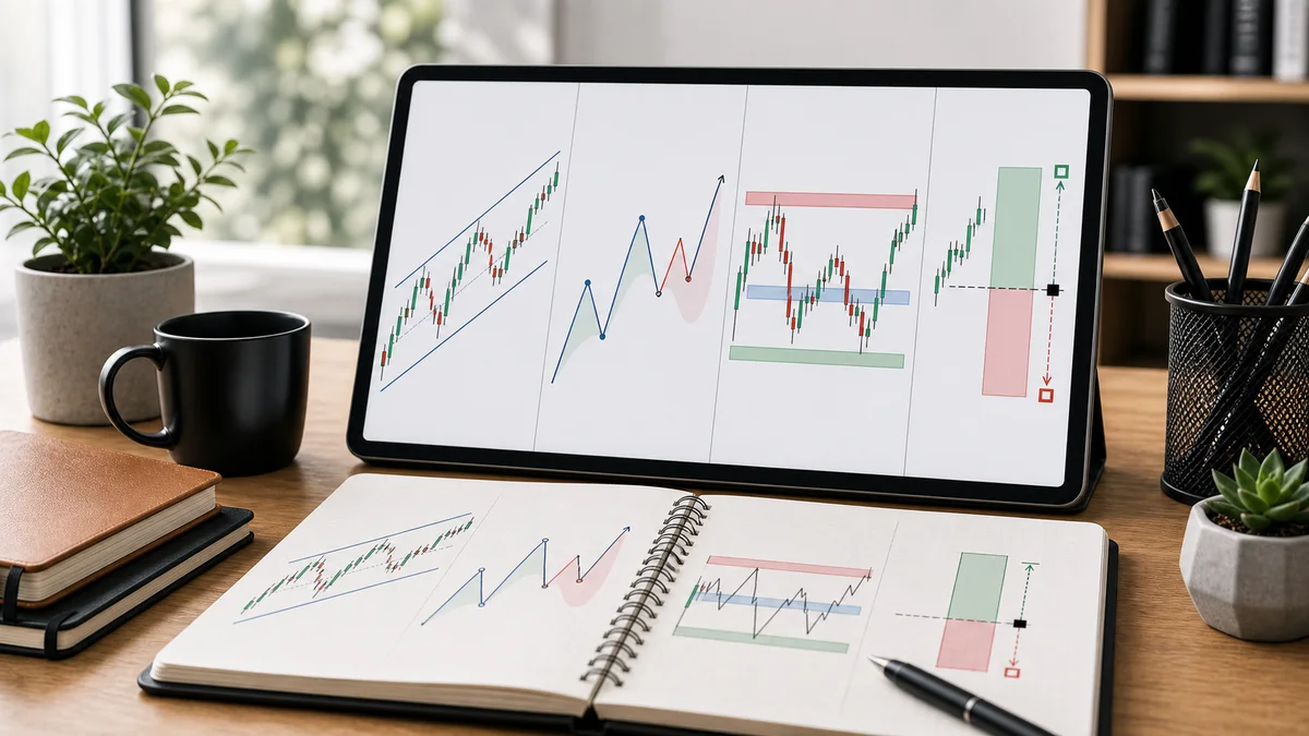 Trading Theories: Complete Guide to Technical Analysis Frameworks A clean technical analysis workspace showing several trading theories as chart frameworks including trend structure, cycles, and support resistance zones