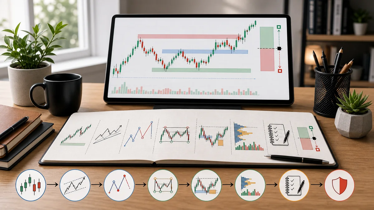 Trading Theories: Complete Guide to Technical Analysis Frameworks A structured learning path for trading theories showing price action, Dow Theory, Elliott Wave, Wyckoff, Smart Money Concepts, volume frameworks, journaling, and risk management