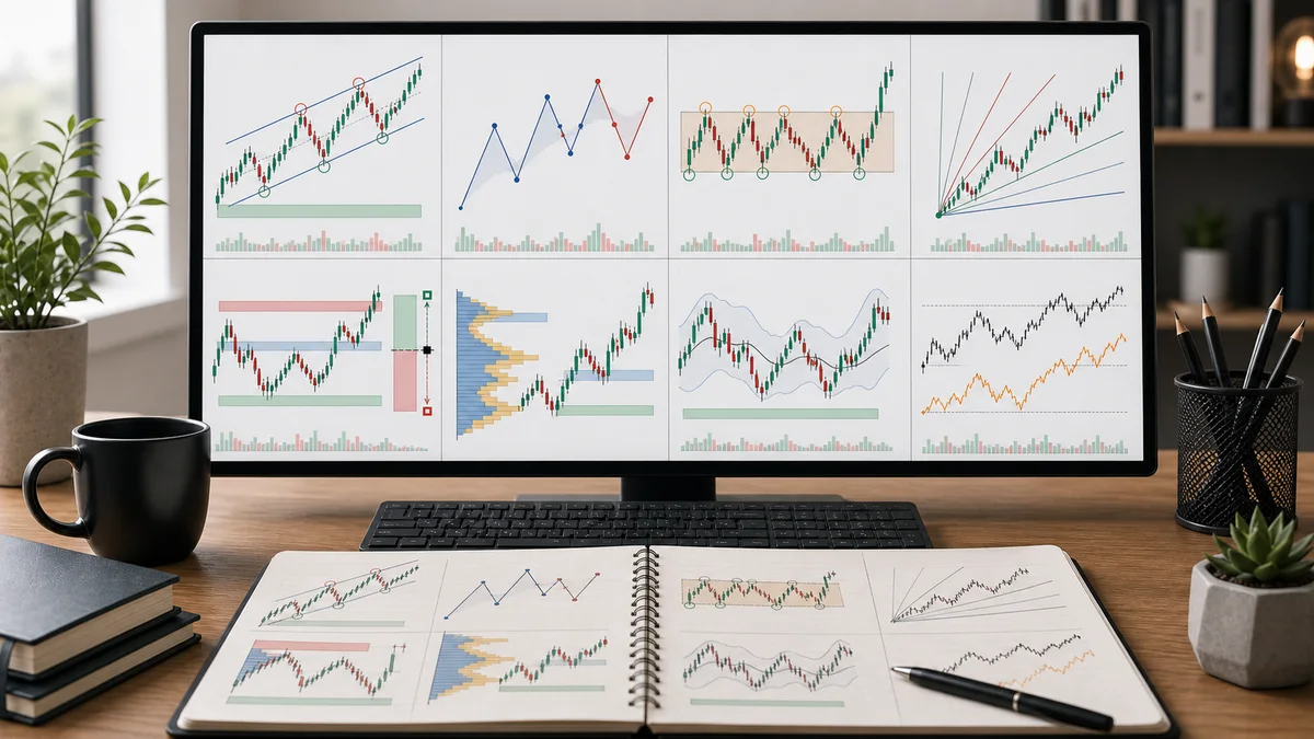 Trading Theories: Complete Guide to Technical Analysis Frameworks Multiple clean chart panels showing subcategories of trading theories including Dow Theory, Elliott Wave, Wyckoff, Gann, price action, Smart Money Concepts, and auction market logic