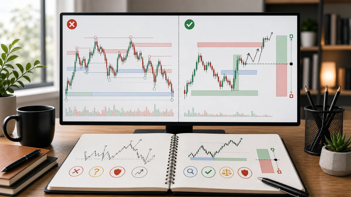 Trading Theories: Complete Guide to Technical Analysis Frameworks A trader comparing multiple technical analysis frameworks on charts to understand why trading theories matter for context and risk planning