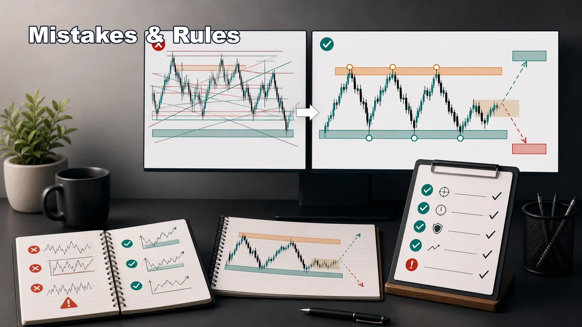 What Is MSNR Trading? Meaning, Logic and Beginner Rules Codex AI image showing common beginner MSNR mistakes and a simplified support resistance rules checklist