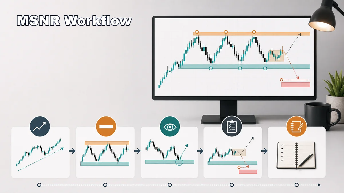 What Is MSNR Trading? Meaning, Logic and Beginner Rules Codex AI image showing a beginner MSNR chart reading workflow with trend key zones reaction and review