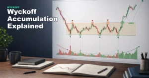 Premium AI trading education image for Wyckoff accumulation explained with trading range, spring, sign of strength, and markup phase