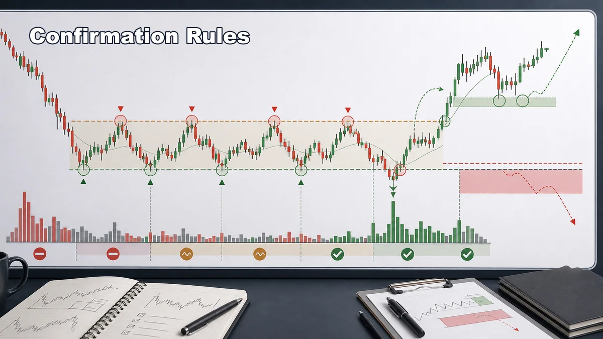 Wyckoff Accumulation Explained AI image showing Wyckoff accumulation confirmation rules with spring reclaim, sign of strength, last point of support, volume, and invalidation