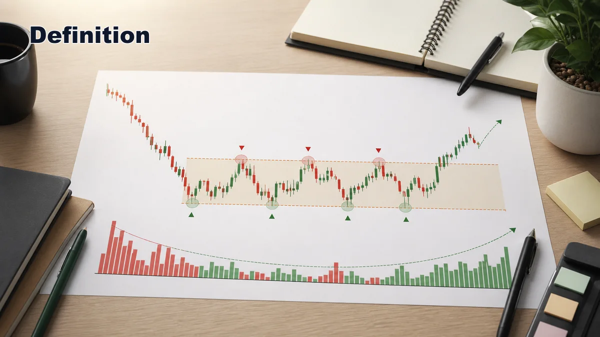 Wyckoff Accumulation Explained AI image explaining Wyckoff accumulation definition with trading range, supply absorption, spring, and markup concept