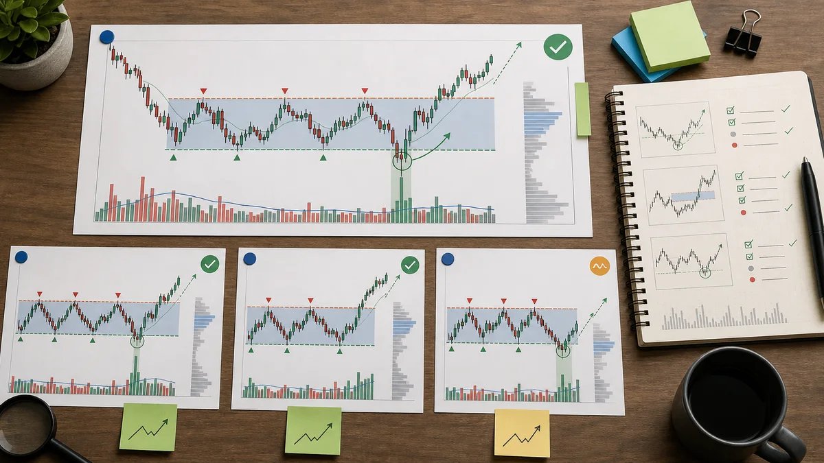 Wyckoff Accumulation Explained AI image showing Wyckoff accumulation examples across crypto, stocks, and forex style chart scenarios with range, spring, SOS, and LPS