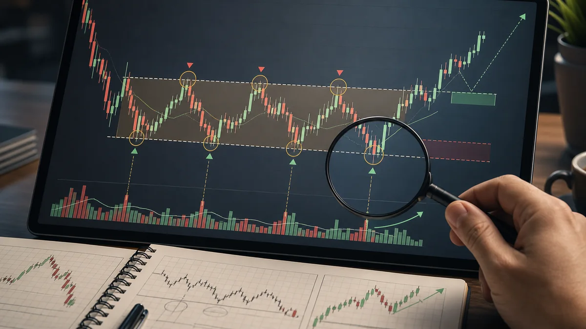 Wyckoff Accumulation Explained AI image showing how to identify Wyckoff accumulation through selling climax, automatic rally, secondary test, spring, and volume contraction