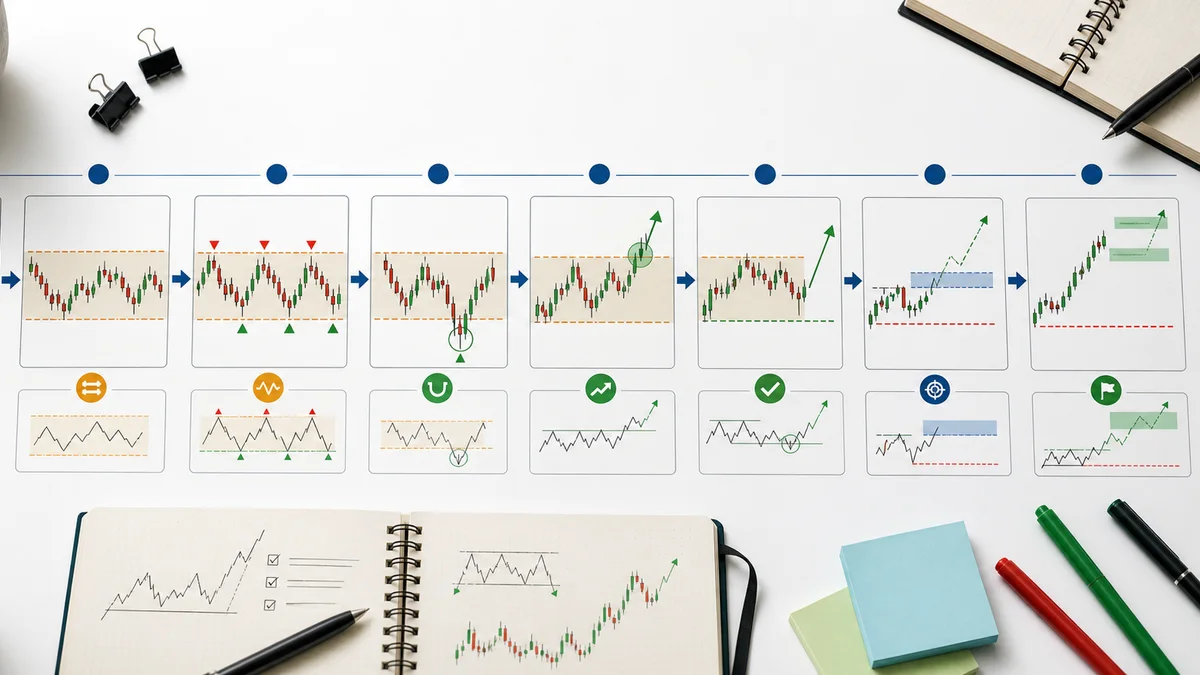 Wyckoff Accumulation Explained AI image showing step by step usage of Wyckoff accumulation from context to range, spring, sign of strength, LPS, entry, stop, and target