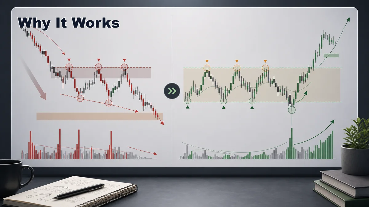 Wyckoff Accumulation Explained AI image showing why Wyckoff accumulation works through supply absorption, trapped sellers, liquidity sweep, and demand expansion