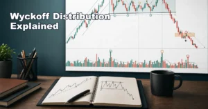 Premium AI trading education image for Wyckoff distribution with trading range upthrust weakness and markdown concept