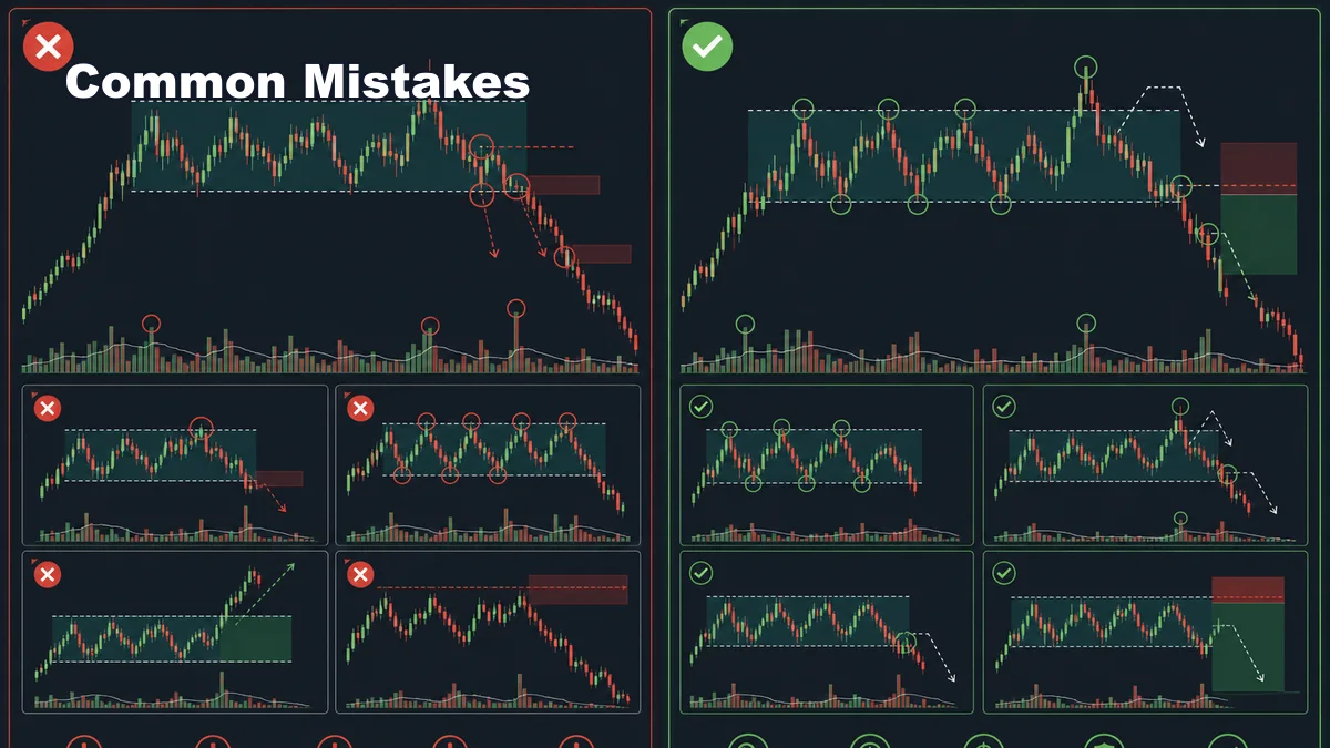 Wyckoff Distribution Explained AI image showing common Wyckoff distribution mistakes including shorting too early forcing labels ignoring breakout and no invalidation