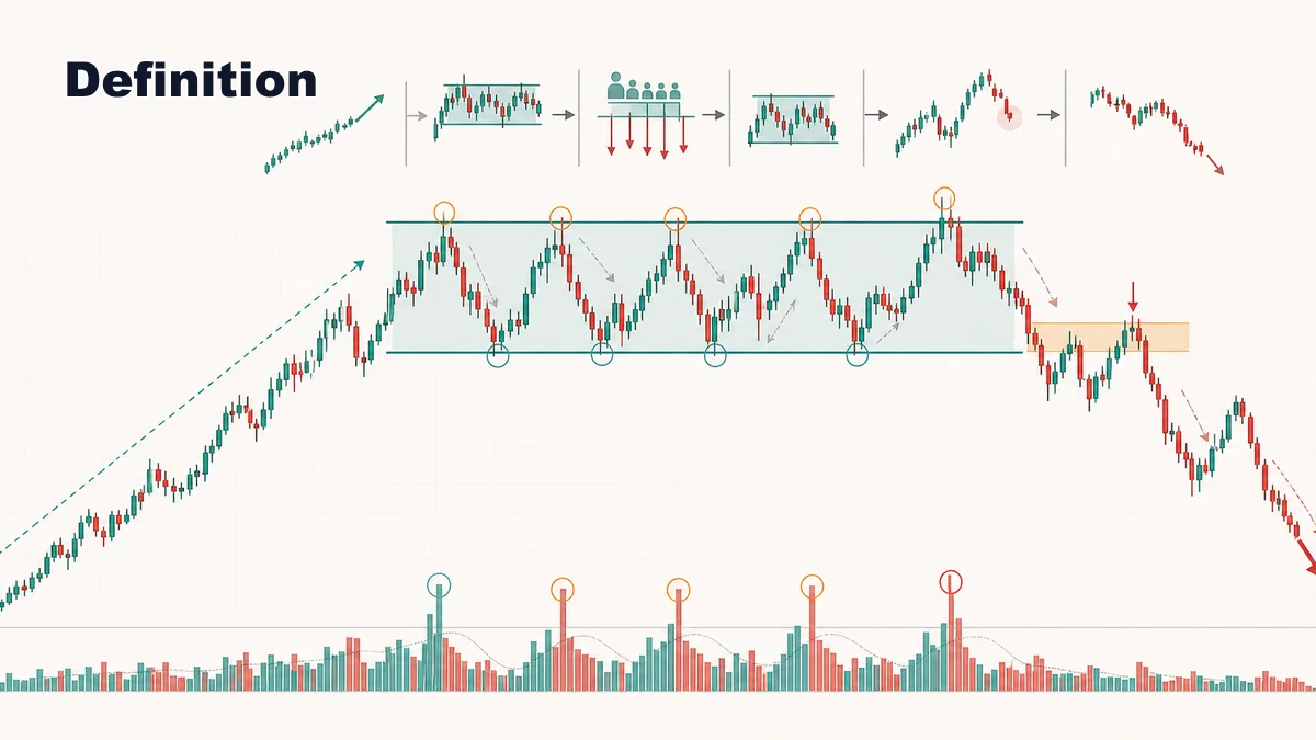 Wyckoff Distribution Explained AI image explaining Wyckoff distribution definition with uptrend distribution range supply and markdown concept