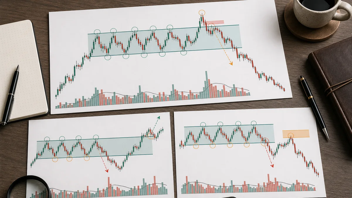 Wyckoff Distribution Explained AI image showing Wyckoff distribution examples including upthrust failed breakdown sign of weakness and weak rally scenarios