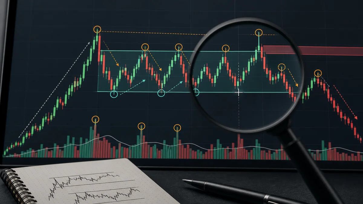 Wyckoff Distribution Explained AI image showing how to identify Wyckoff distribution through buying climax automatic reaction secondary tests and upthrust