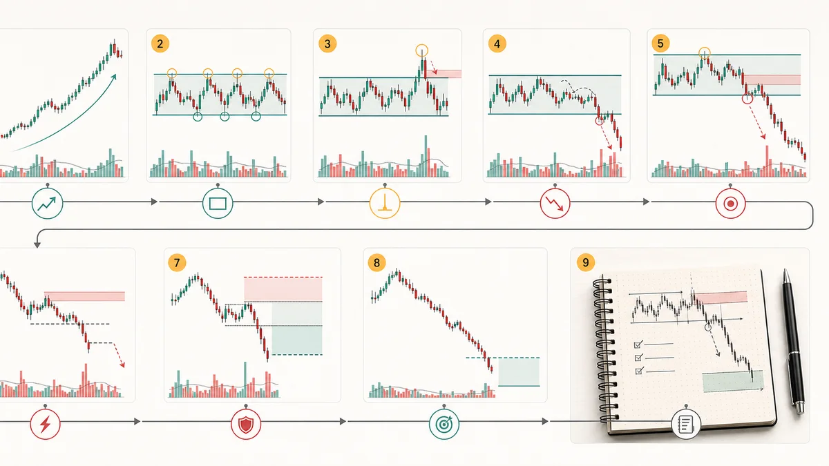 Wyckoff Distribution Explained AI image showing step by step Wyckoff distribution usage from uptrend context to range upthrust weakness LPSY and risk