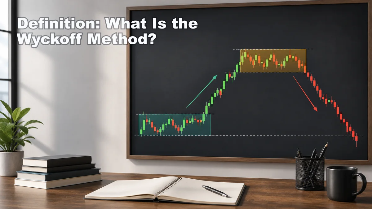 Wyckoff Method: Complete Beginner Guide Definition of the Wyckoff Method showing a market cycle from accumulation to markup distribution and markdown
