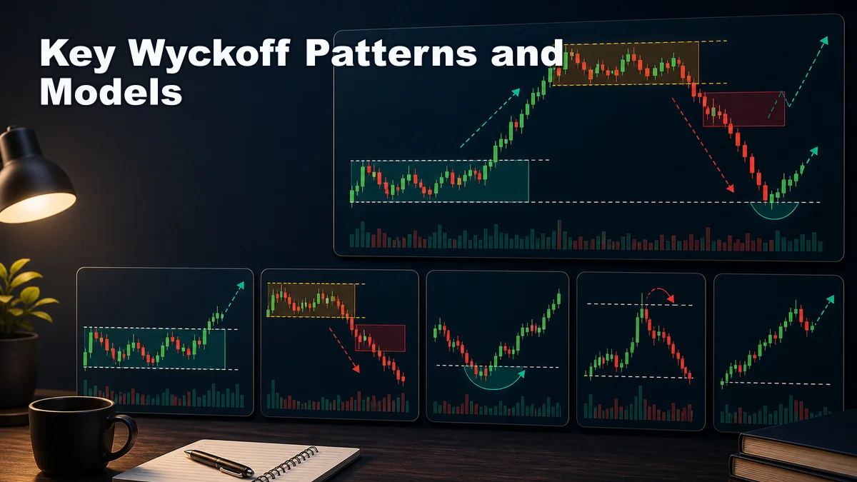 Wyckoff Method: Complete Beginner Guide Key Wyckoff patterns and models showing accumulation distribution spring upthrust sign of strength and sign of weakness
