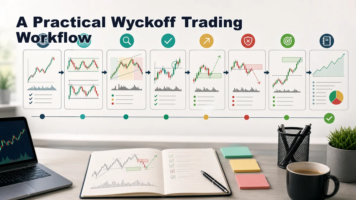 Wyckoff Method: Complete Beginner Guide A practical Wyckoff trading workflow from market context to range diagnosis phase analysis confirmation entry invalidation target and review