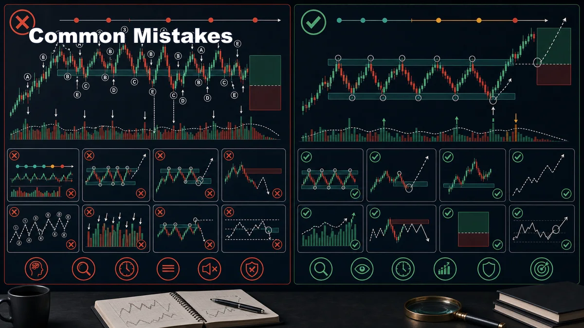 Wyckoff Schematics: How to Read Them Codex AI image showing common Wyckoff schematic mistakes with forced labels, overmarked phases, early entries, ignored volume, and corrected risk plan