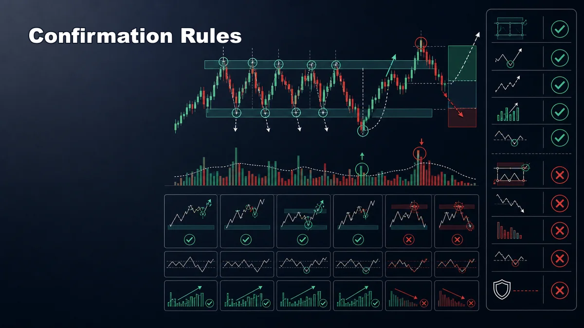 Wyckoff Schematics: How to Read Them Codex AI image showing Wyckoff schematic confirmation rules with range clarity, spring reclaim, upthrust failure, effort versus result, volume, and invalidation