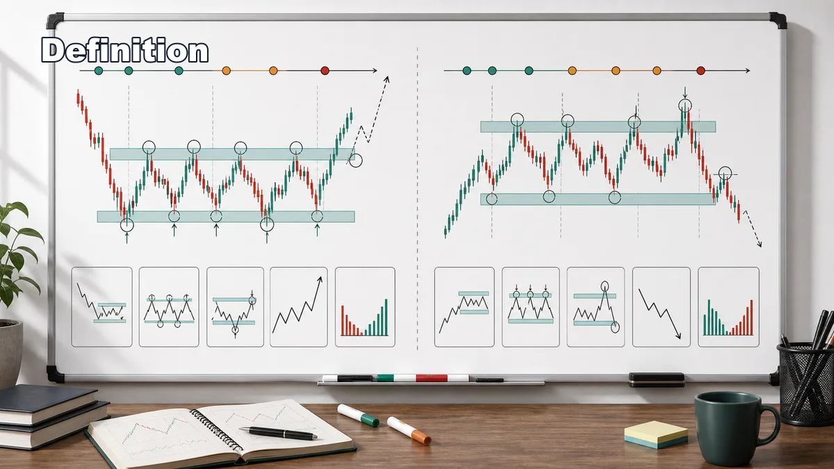 Wyckoff Schematics: How to Read Them Codex AI image defining Wyckoff schematics with accumulation and distribution ranges, phases, spring, upthrust, and volume behavior