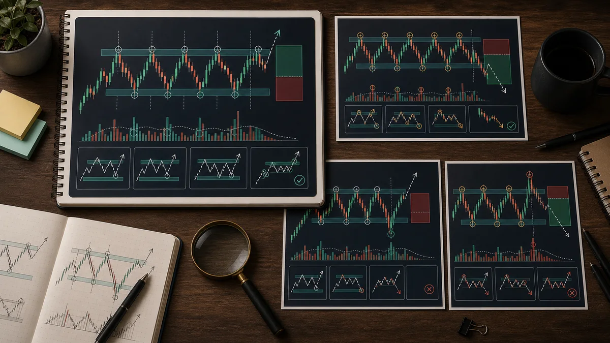 Wyckoff Schematics: How to Read Them Codex AI image showing examples of Wyckoff schematics including accumulation range, distribution range, failed spring, failed upthrust, and invalidation zones