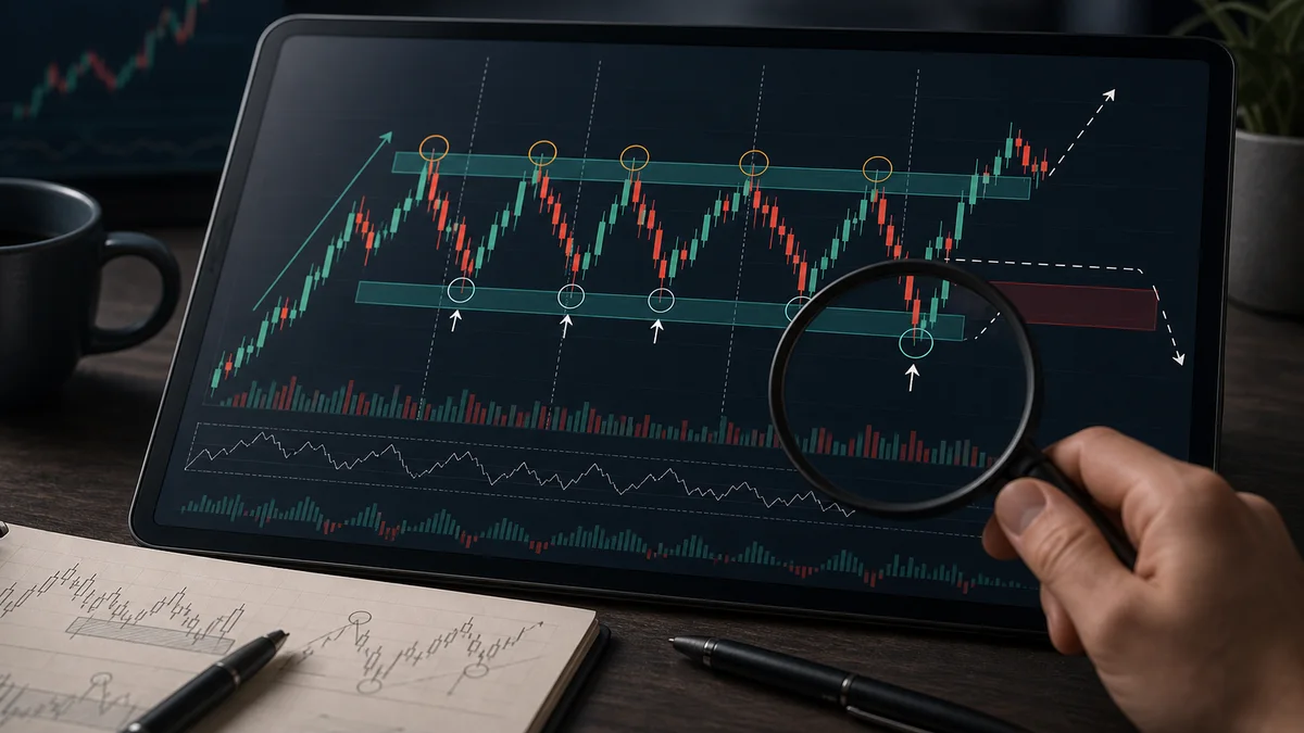 Wyckoff Schematics: How to Read Them Codex AI image showing how to identify Wyckoff schematics by marking trend context, trading range, climax, tests, spring or upthrust, and confirmation