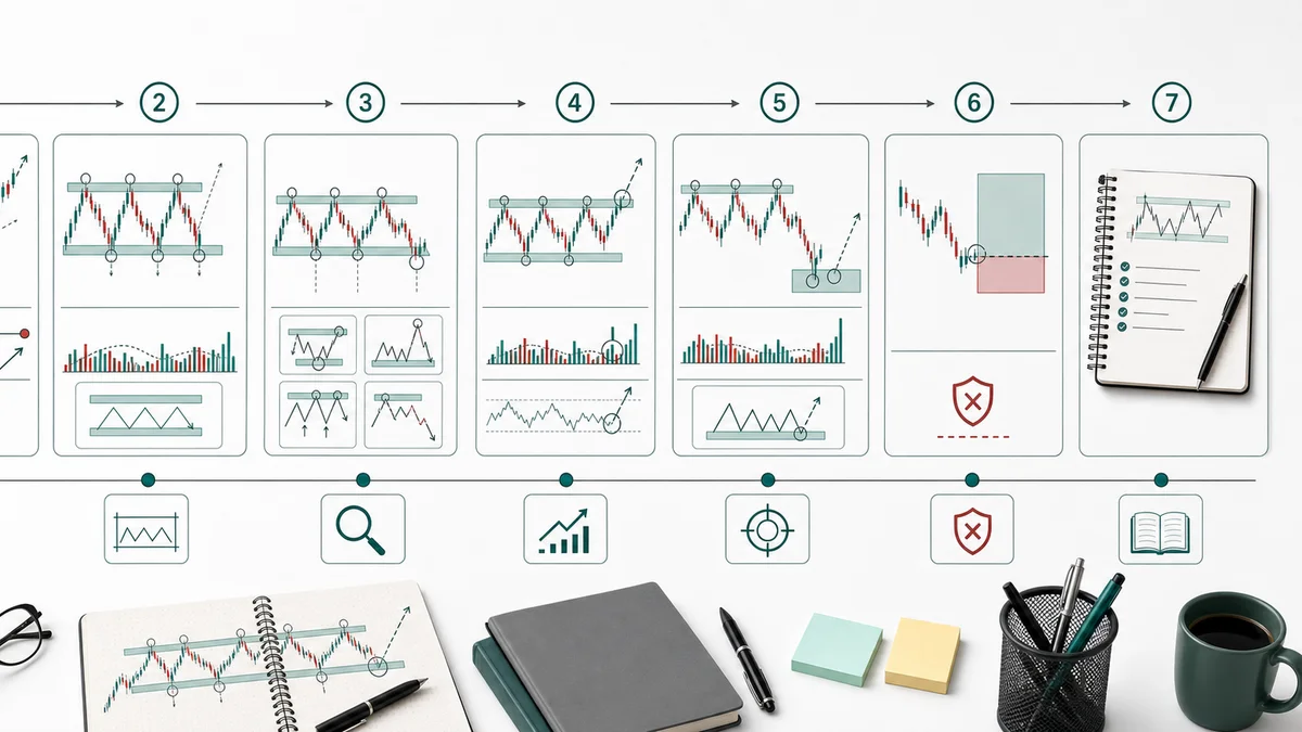 Wyckoff Schematics: How to Read Them Codex AI image showing step by step Wyckoff schematic usage from trend context to range, phase reading, test, confirmation, entry zone, invalidation, and journal review