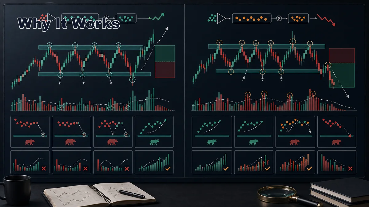 Wyckoff Schematics: How to Read Them Codex AI image explaining why Wyckoff schematics work through supply demand, absorption, trapped traders, cause and effect, and range breakout behavior