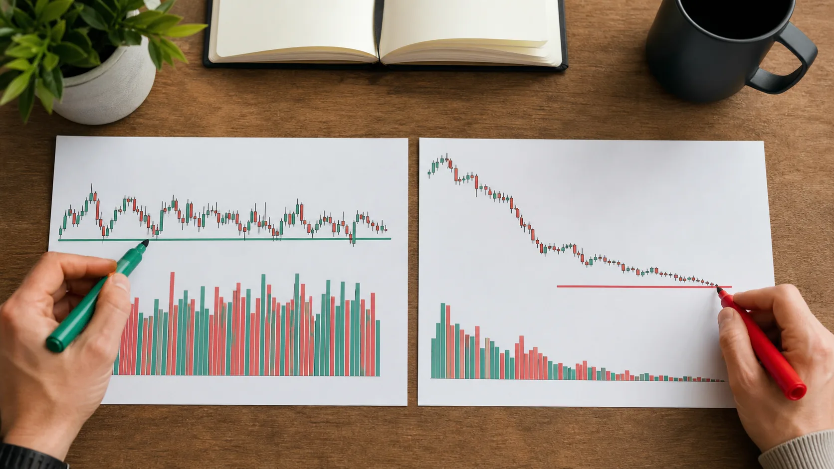 Absorption và Exhaustion: Phân biệt hấp thụ với cạn kiệt lực Hai biểu đồ so sánh volume lớn giá ít tiến triển với volume suy giảm cuối xu hướng
