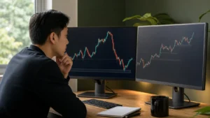 Trader so sánh cấu trúc thị trường chính và các nhịp giá nội bộ trên hai màn hình