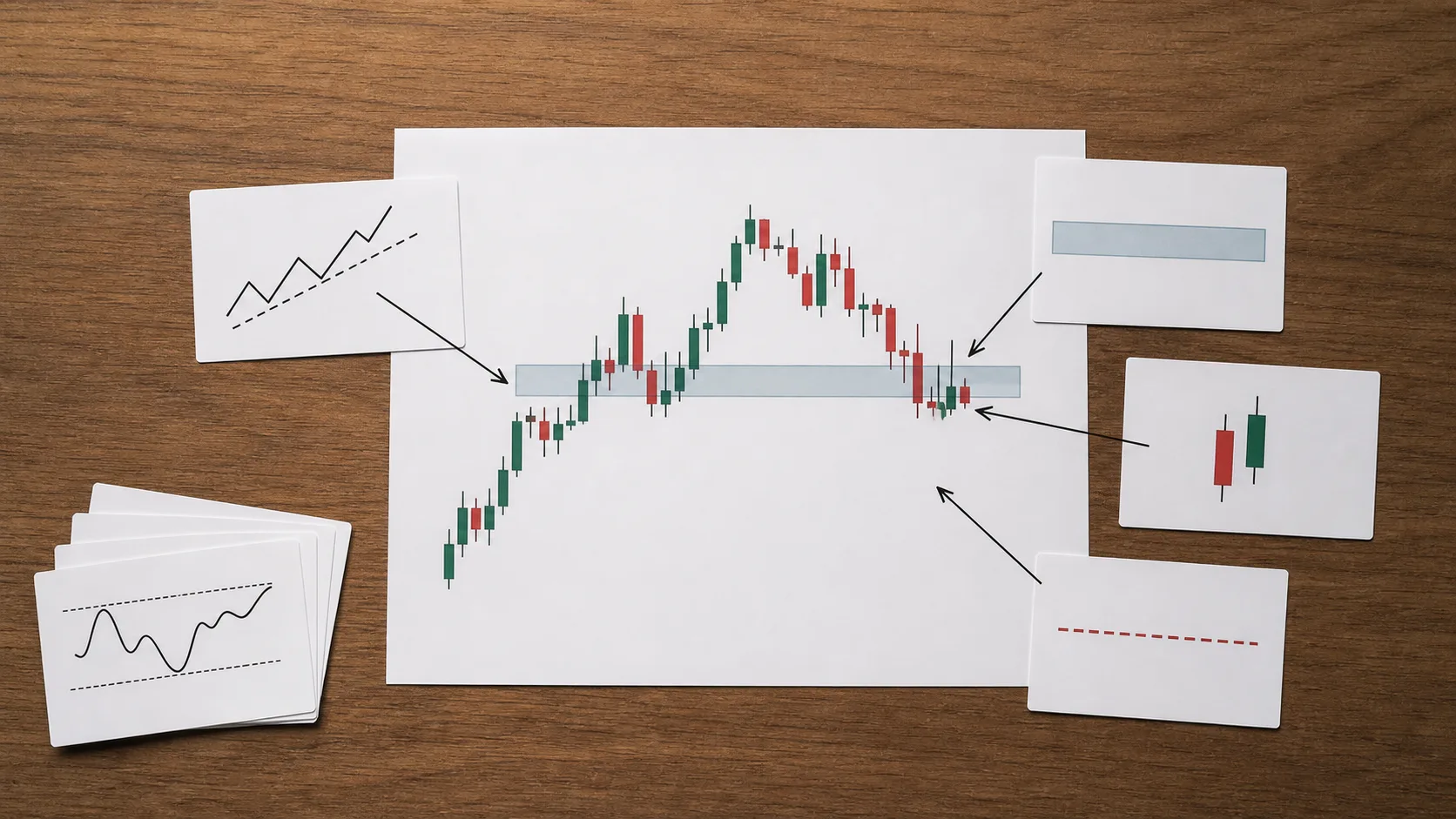 Confluence trong trading: Bao nhiêu xác nhận là đủ? Các thẻ thể hiện cấu trúc vị trí trigger và invalidation quanh biểu đồ nến