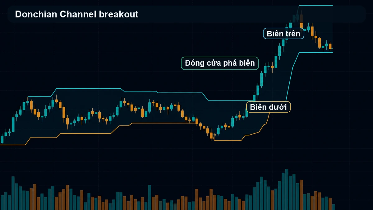 Donchian Channel breakout: Cách dùng kênh giá để lọc phá vỡ Biên trên biên dưới và tín hiệu đóng cửa phá biên Donchian