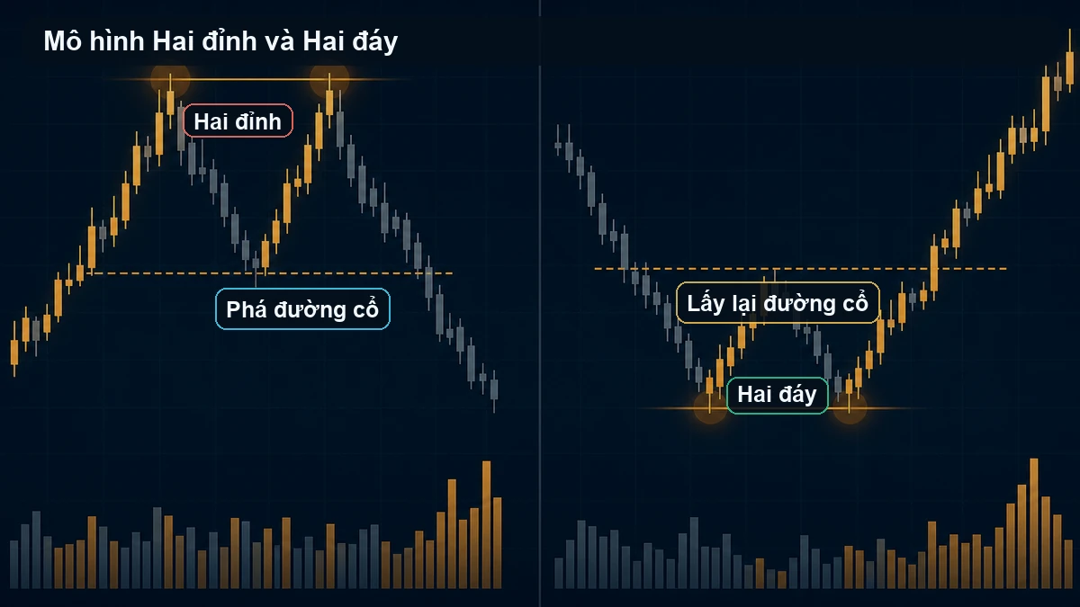 Mô hình Hai đỉnh và Hai đáy: Điểm xác nhận nằm ở đâu? Hai đỉnh hai đáy và điểm phá đường cổ trên chart