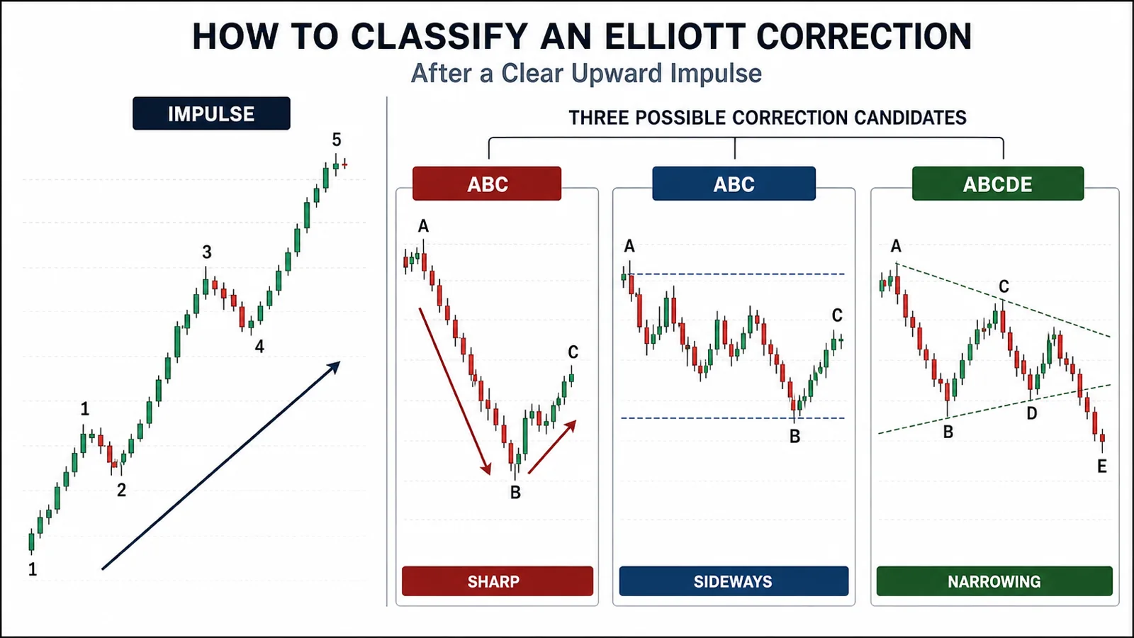 Sóng điều chỉnh Elliott: Phân biệt Zigzag, Flat và Triangle Ba kịch bản phân loại nhịp điều chỉnh sau một sóng đẩy